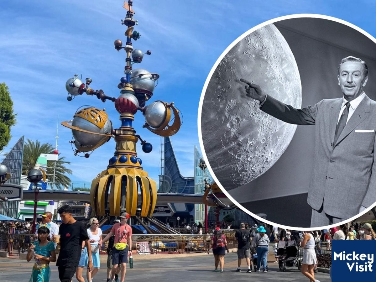 Tomorrowland space architecture, inset photo of Walt Disney and the moon