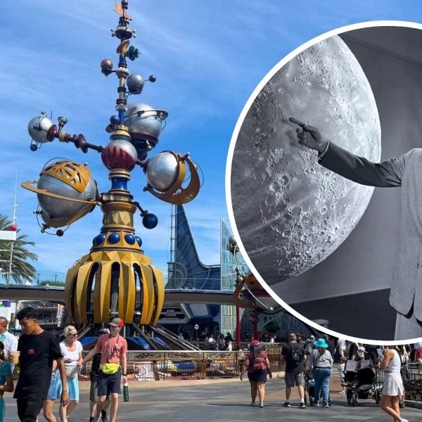 Tomorrowland space architecture, inset photo of Walt Disney and the moon