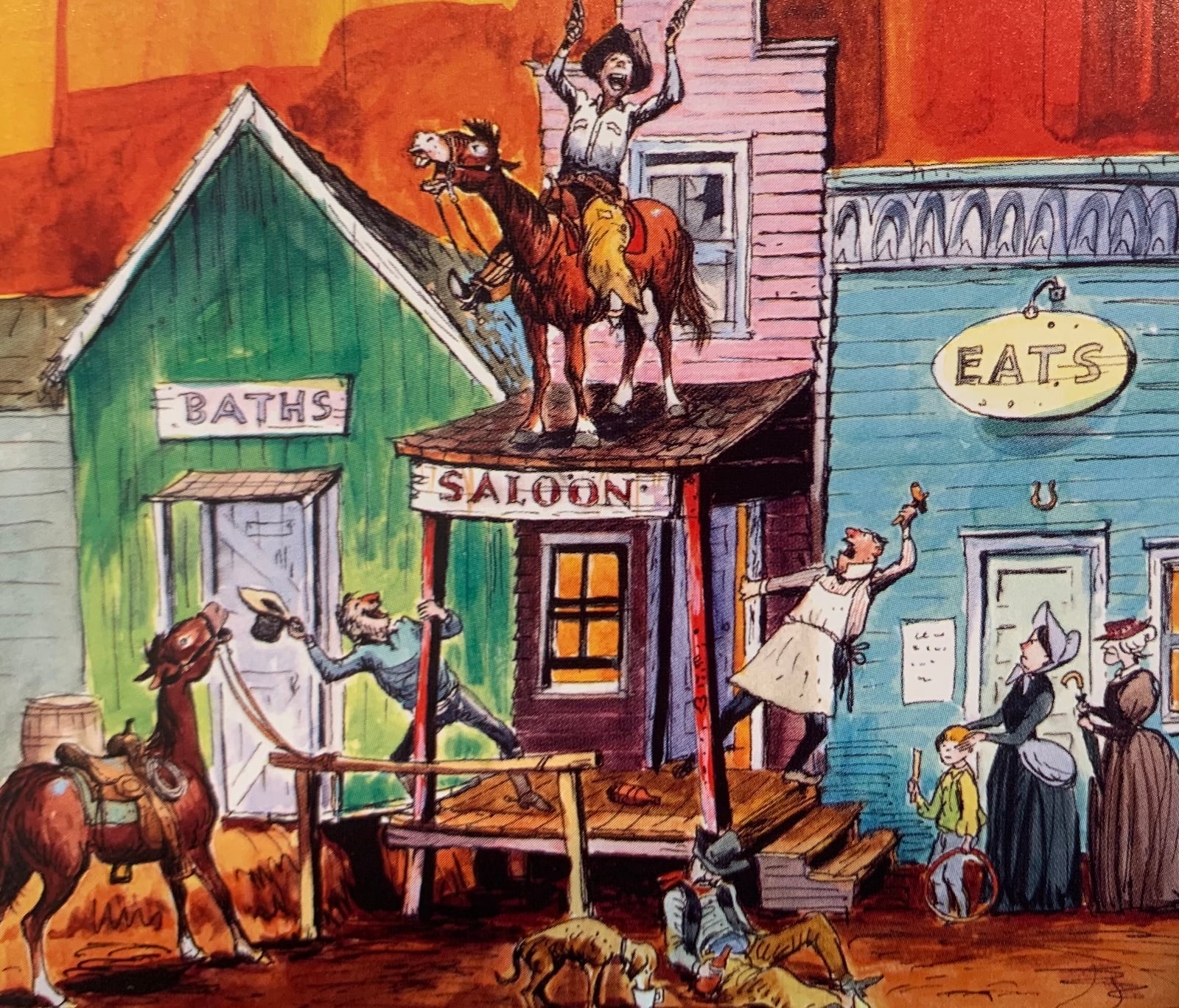 Artwork of cowboys shooting guns in western town