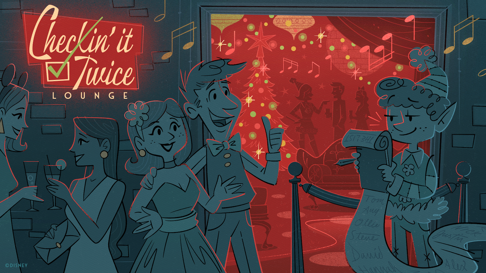 Illustration of couple entering club and and elf checking a list