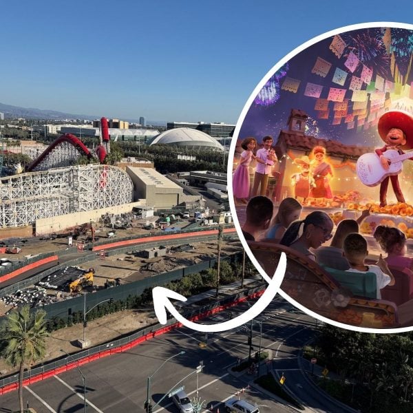 Aerial photo of construction site and concept artwork of boat ride with boy playing guitar