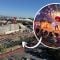 Aerial photo of construction site and concept artwork of boat ride with boy playing guitar