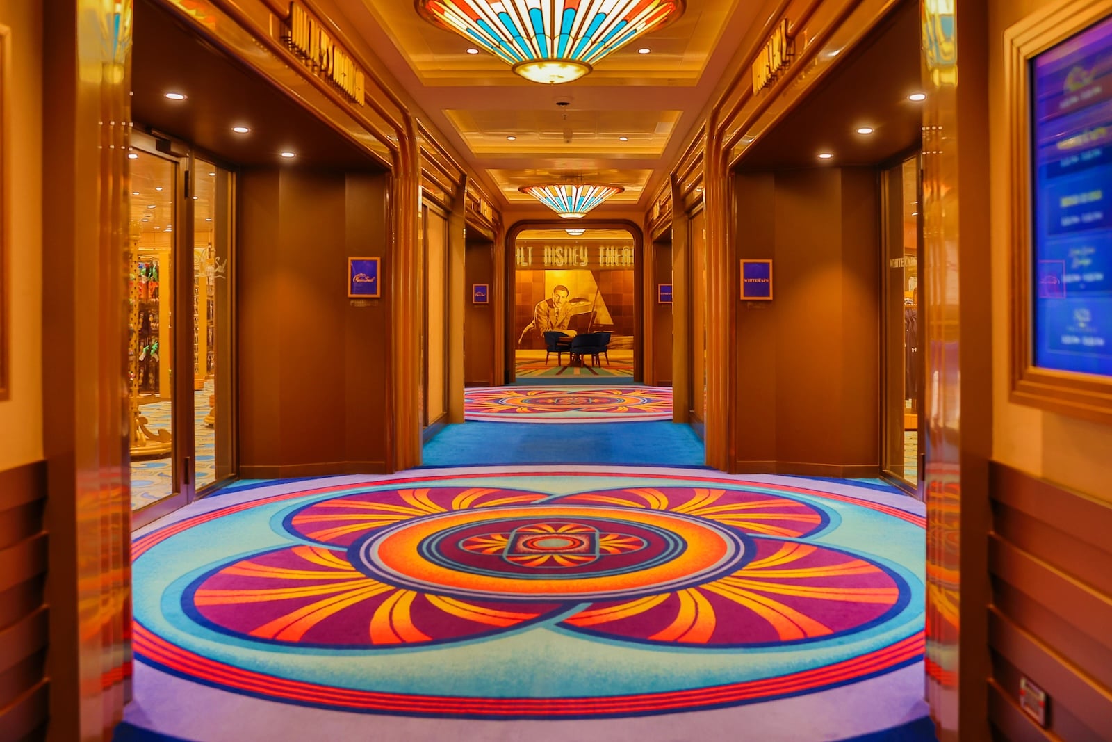Hallway with vibrant carpet