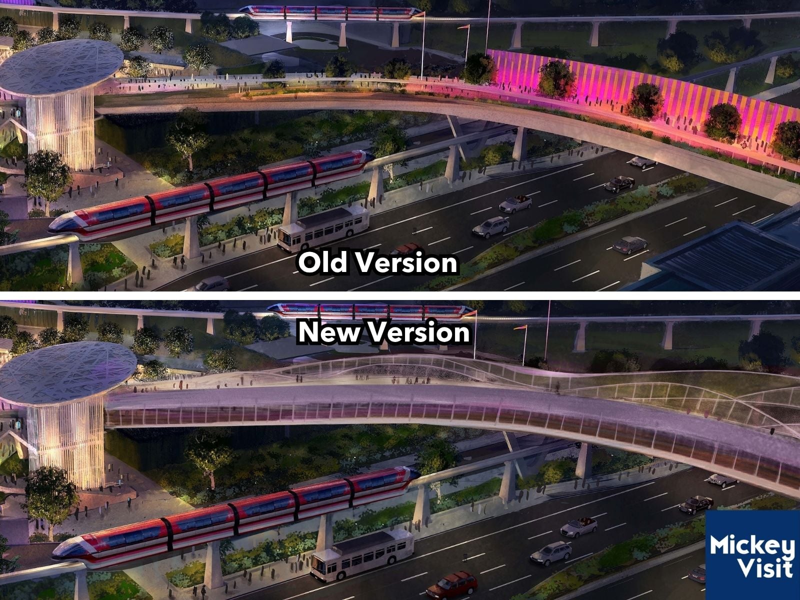Artwork of pedestrian bridge above roadway