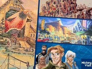 Concept art for mountain of candy, blimp in hangar, old cars, and Milo Thatch explorers