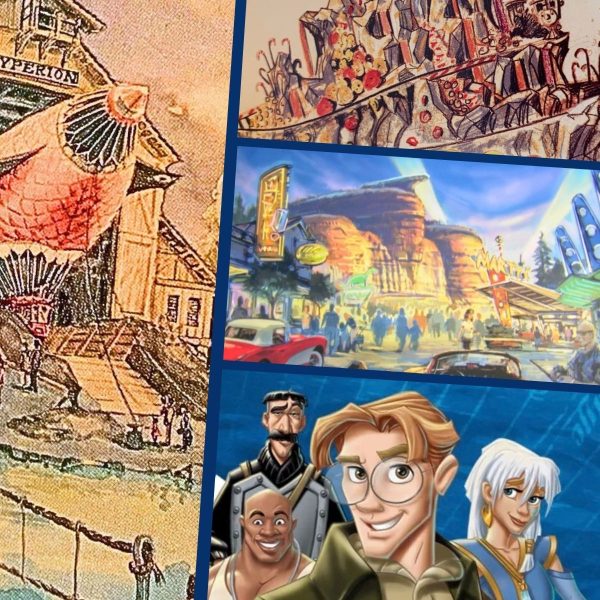 Concept art for mountain of candy, blimp in hangar, old cars, and Milo Thatch explorers