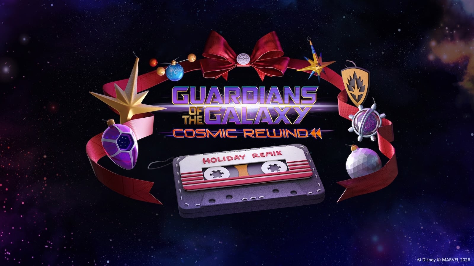 Artwork with Guardians of the Galaxy Cosmic Rewind ride logo and tape