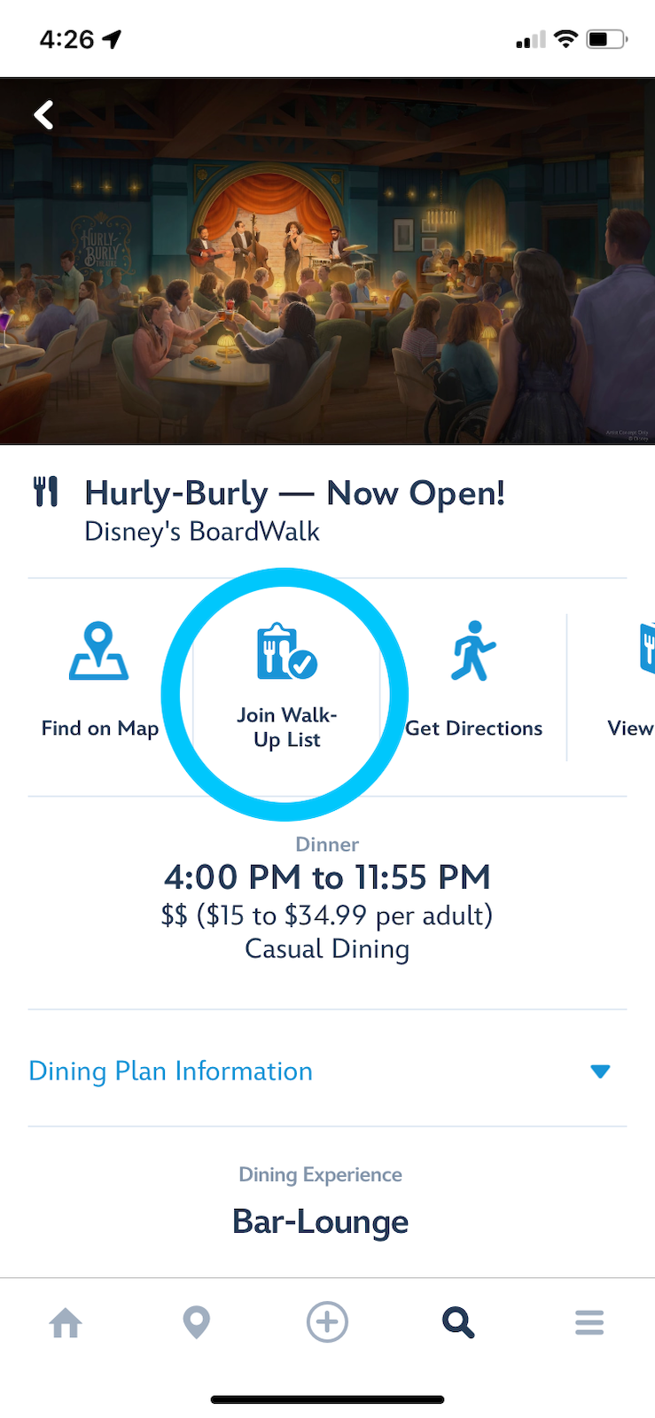 My Disney Experience app reservation interface