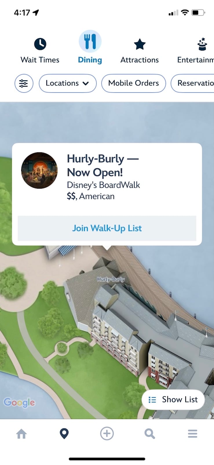 My Disney Experience app reservation interface