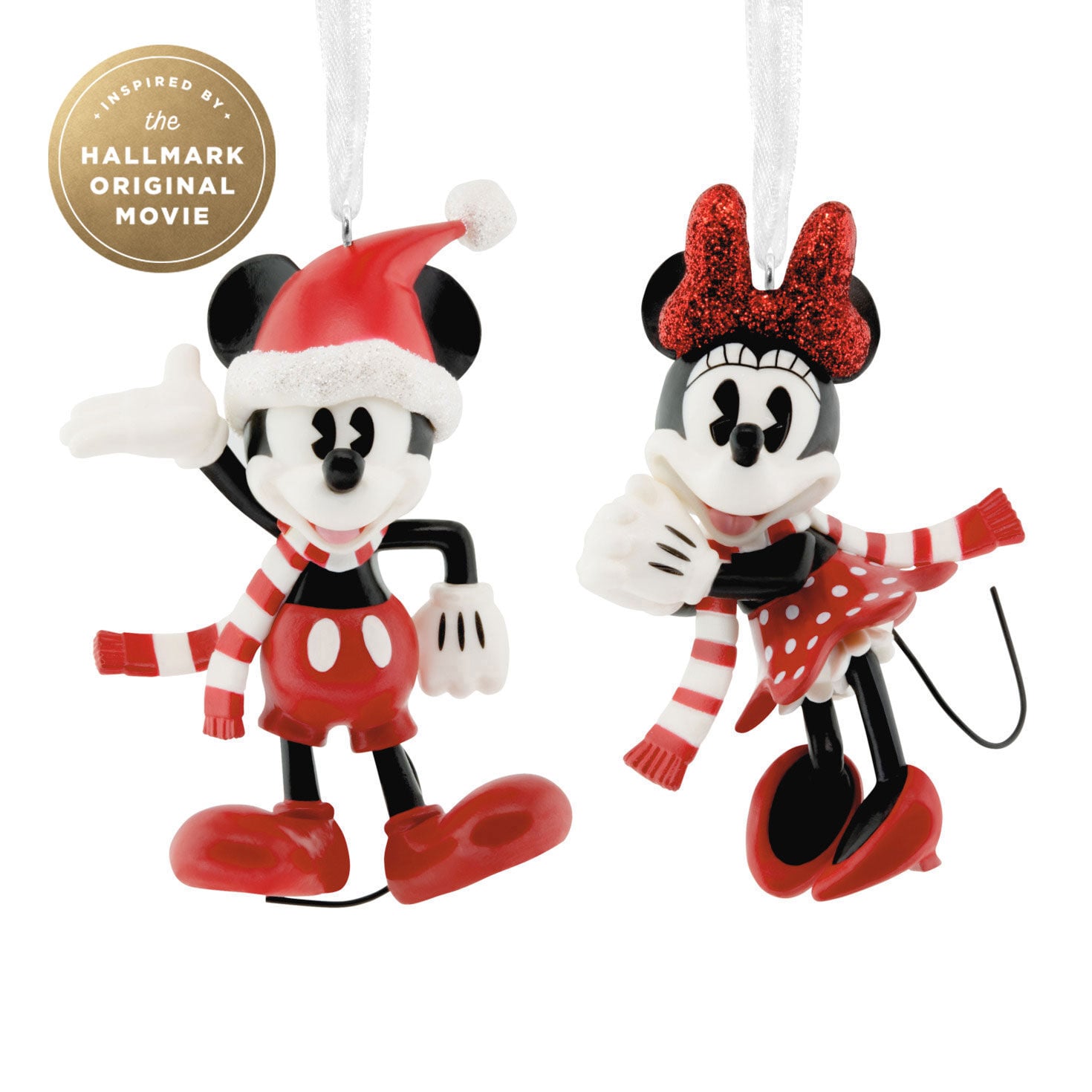 Set of two Hallmark ornaments with Mickey and Minnie in winter clothing.