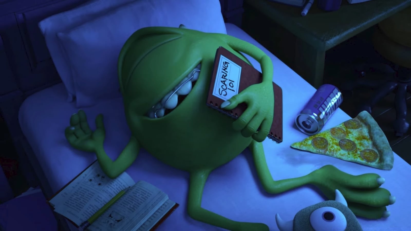 Mike Wazsowksi sleeping with pizza and can of soda on bed