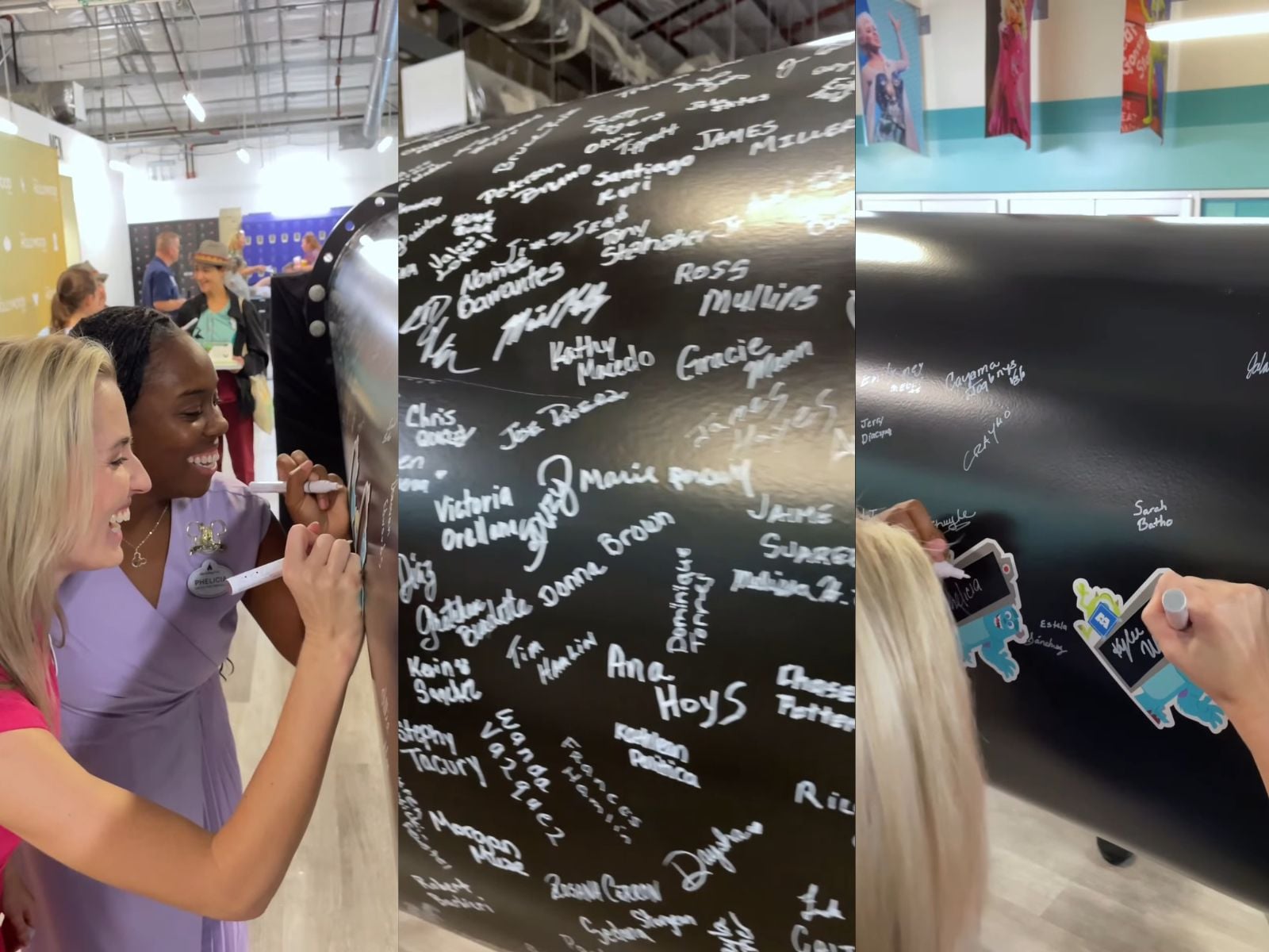 Cast members signing beam