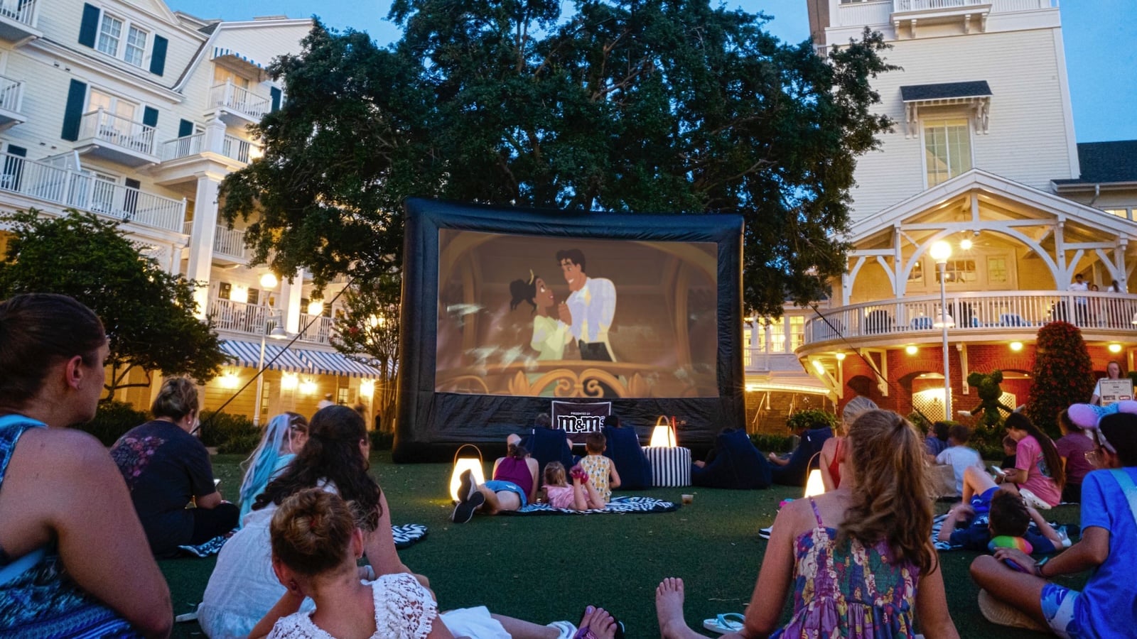 Outdoor movie night on astro turf lawn