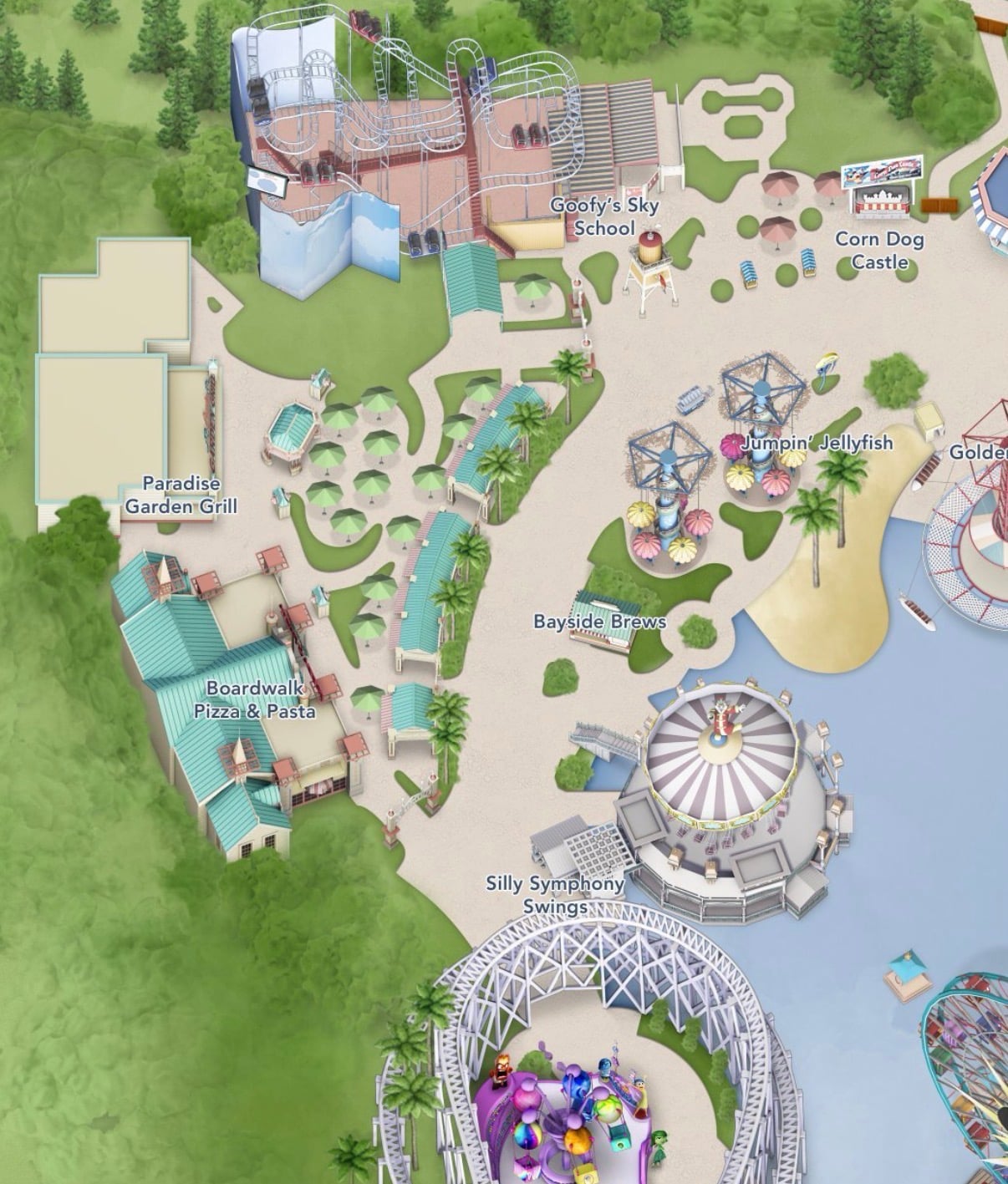 Aerial illustrated theme park map