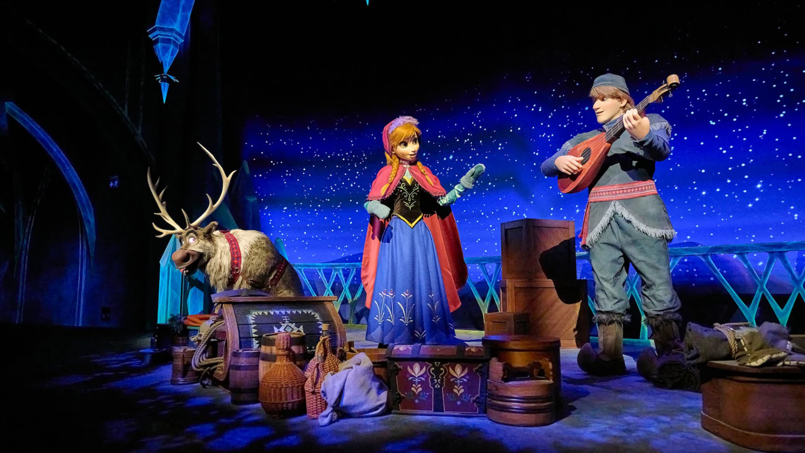Sven, Anna, and Kristoff animatronics on the Frozen Ever After attraction.