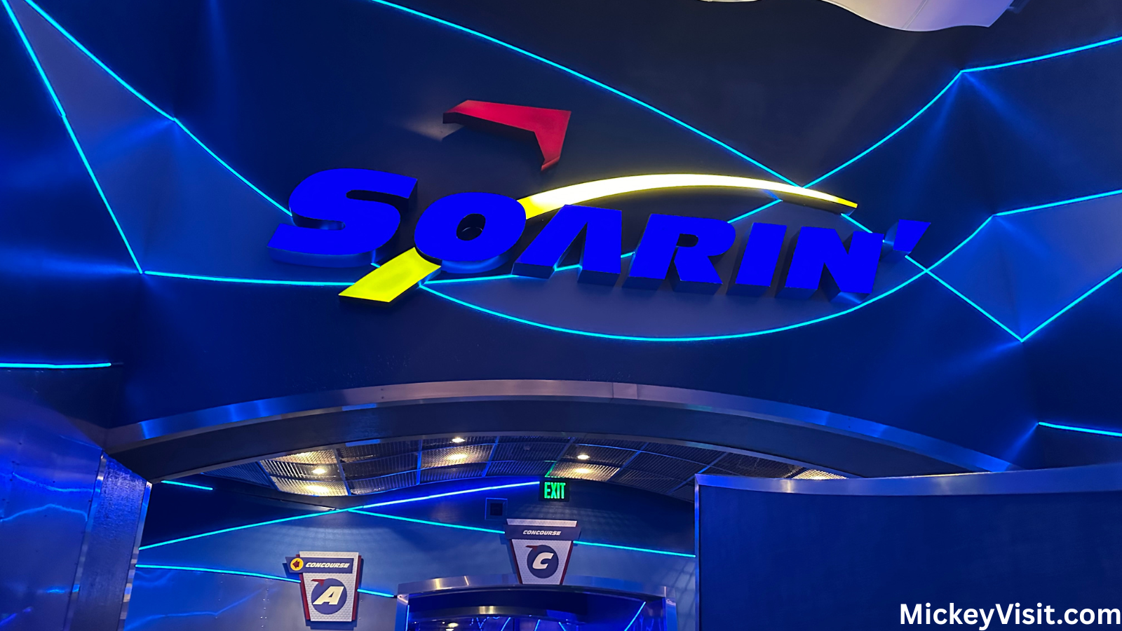 A sign that reads "Soarin'" at the entrance to the attraction.