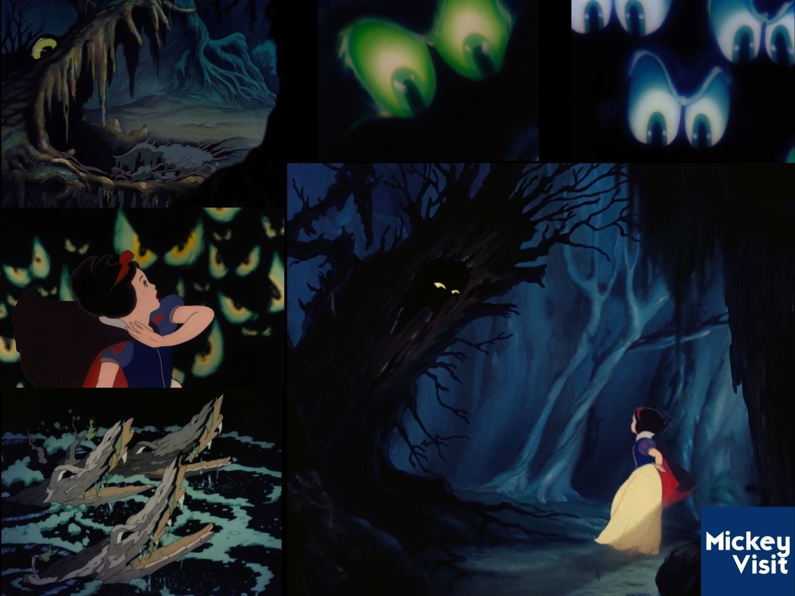 Snow White running through dark forest with scary trees with eyes