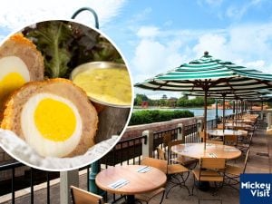 Scotch egg with table seating by lake