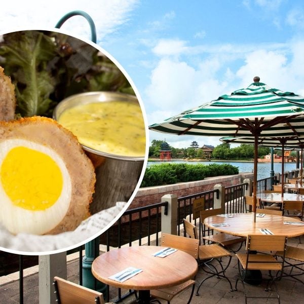 Scotch egg with table seating by lake