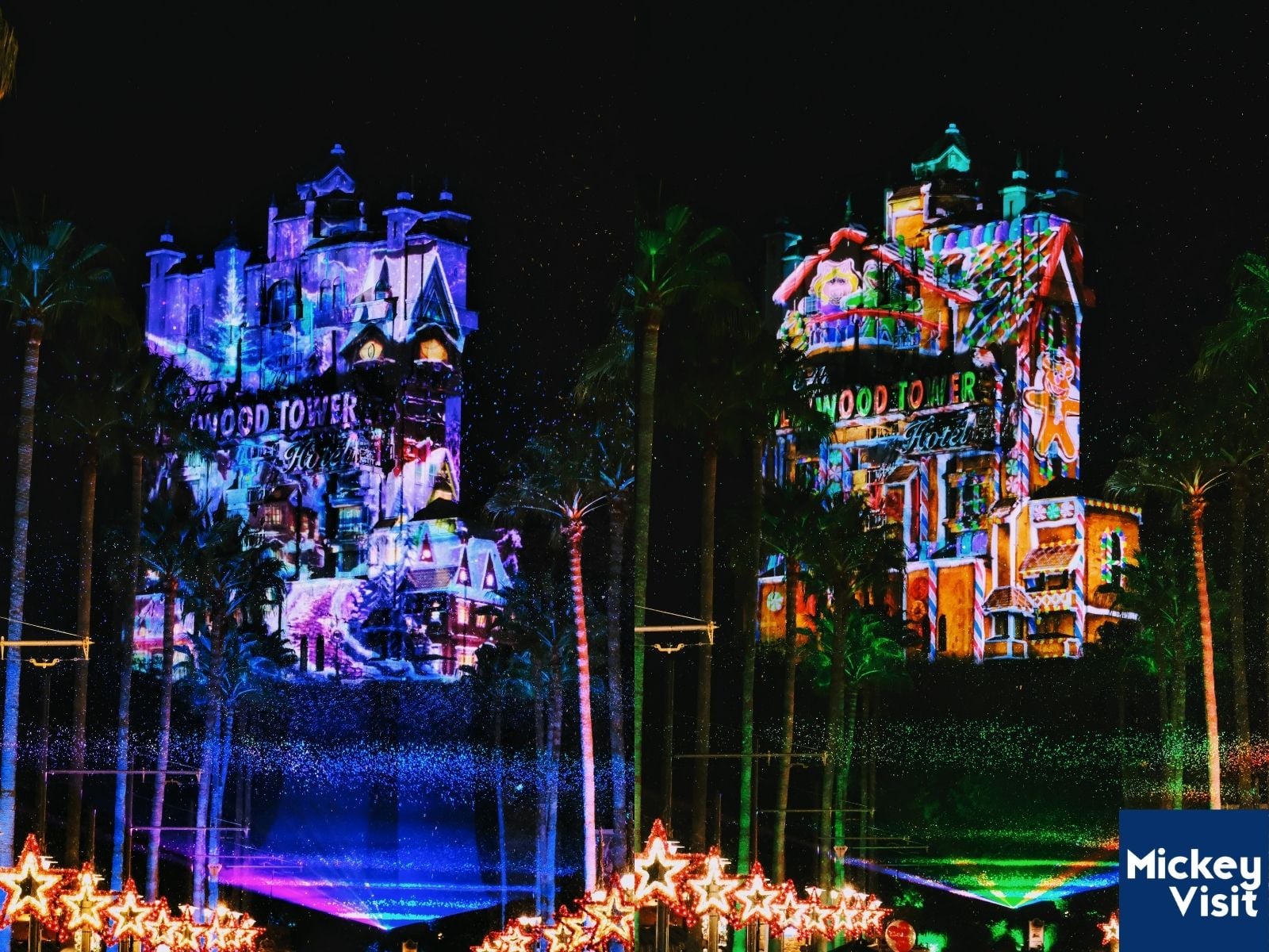 Large hotel building in Christmas projections with snow falling