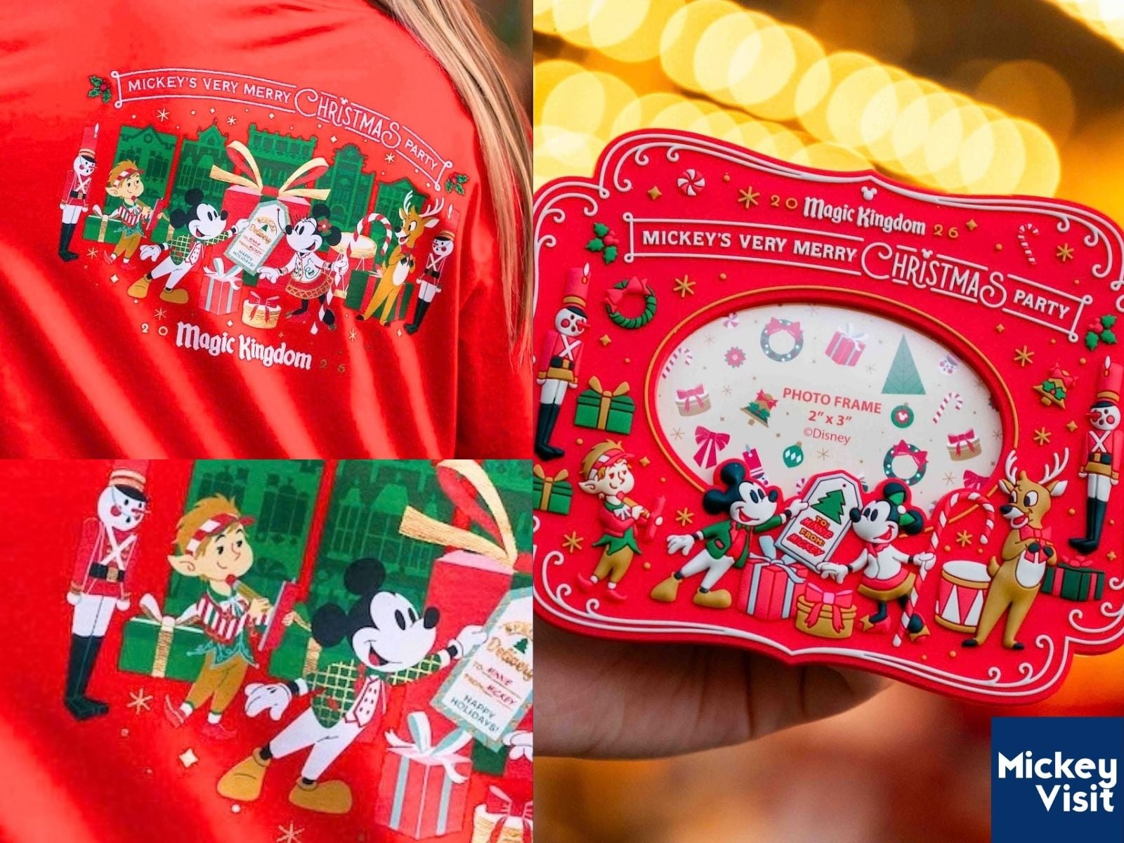 Red shirt and picture frame featuring Tally the Elf, Mickey Mouse, and Minnie Mouse