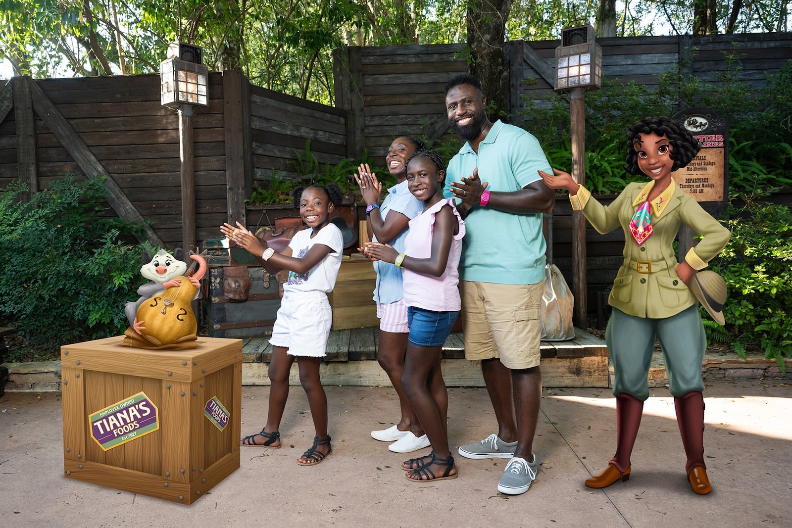 Family posing with animated characters