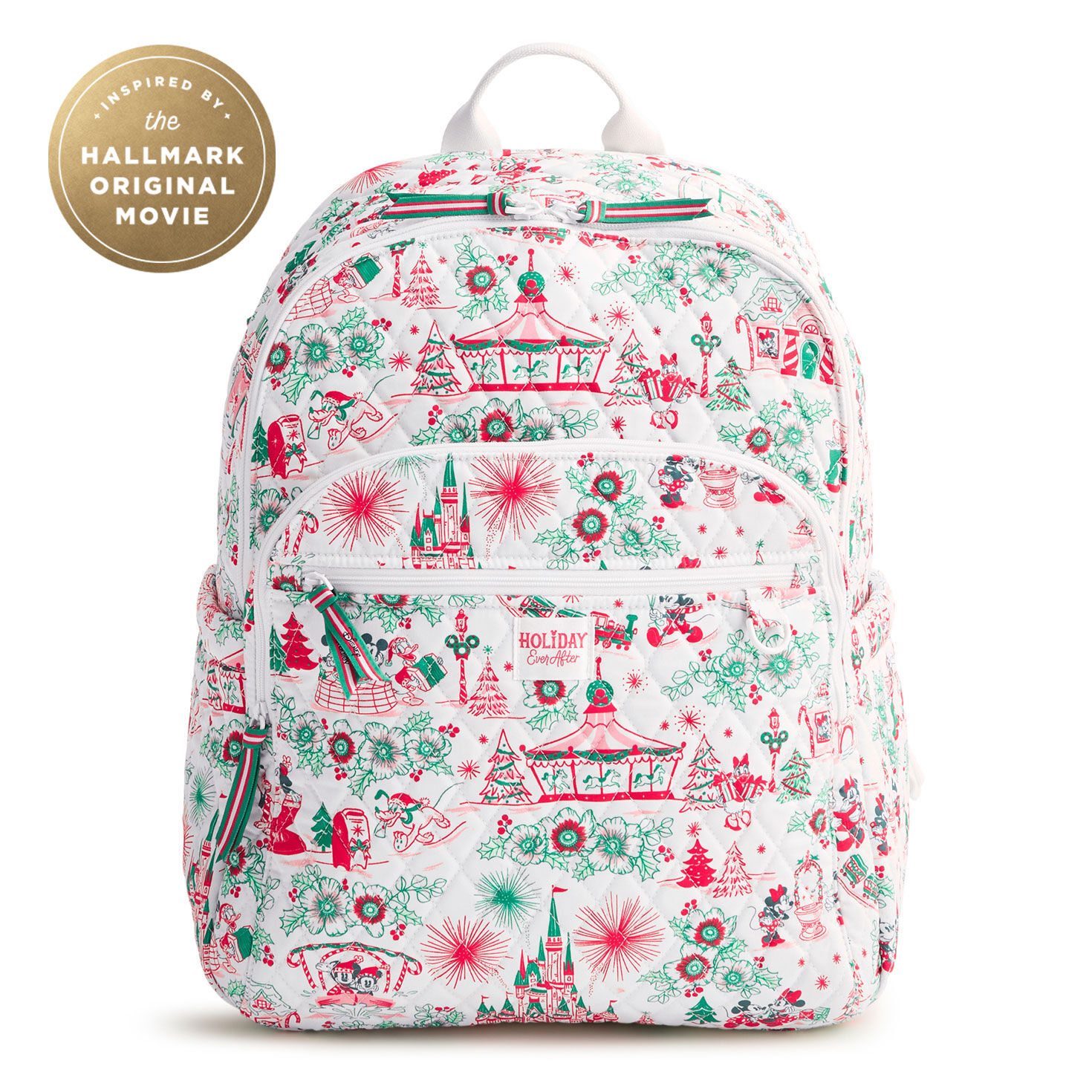 A Vera Bradley backpack with a Disney holiday pattern.