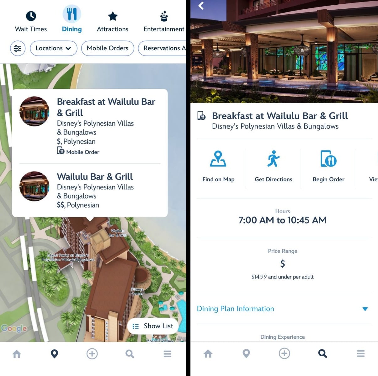 Wailulu restaurant mobile order app interface