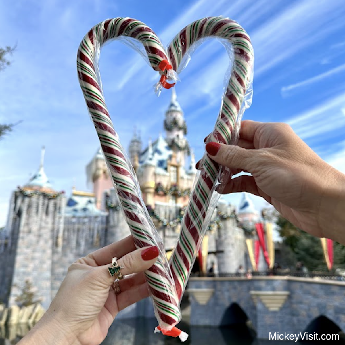 candy cane in front of disneyland castle